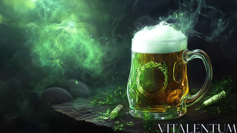 Enchanted frothy beer mug glows amid swirling green mist.