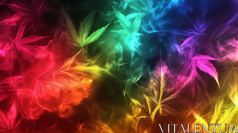Spectral gradient cannabis leaves in luminous fractal smoke field