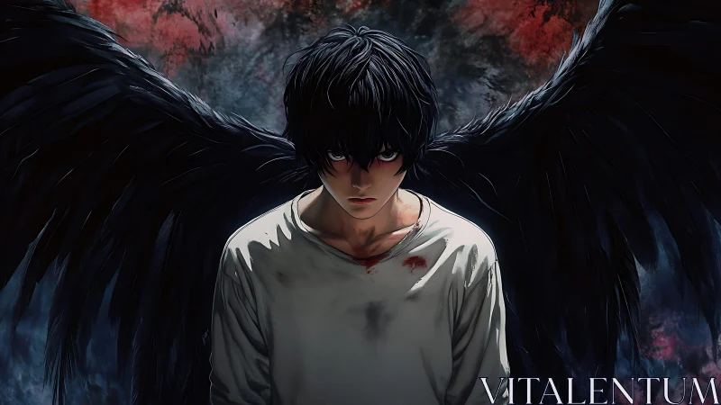 Dark fallen angel stares forward with bloodstained shirt