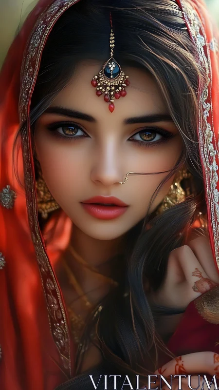 Digital portrait of jeweled bridal gaze in red silk veil