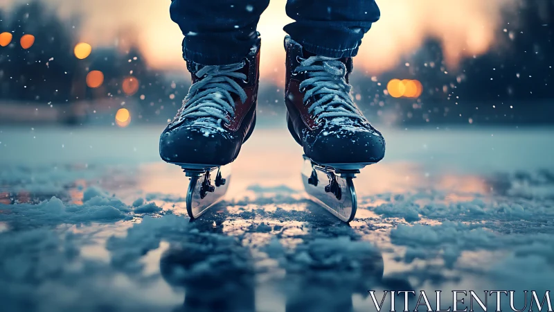 Close-up winter ice skates gliding on snowy frozen lake.
