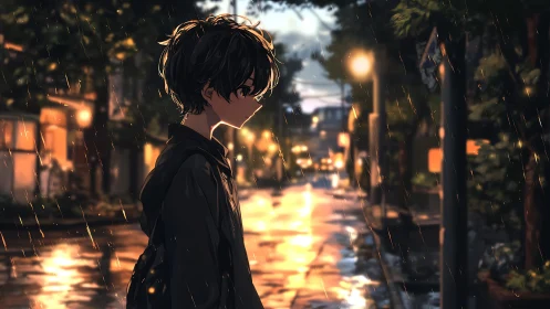 Moody anime street portrait in cinematic rainy backlighting.