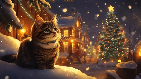 Tabby kitten in glowing snowy village beside lit tree.