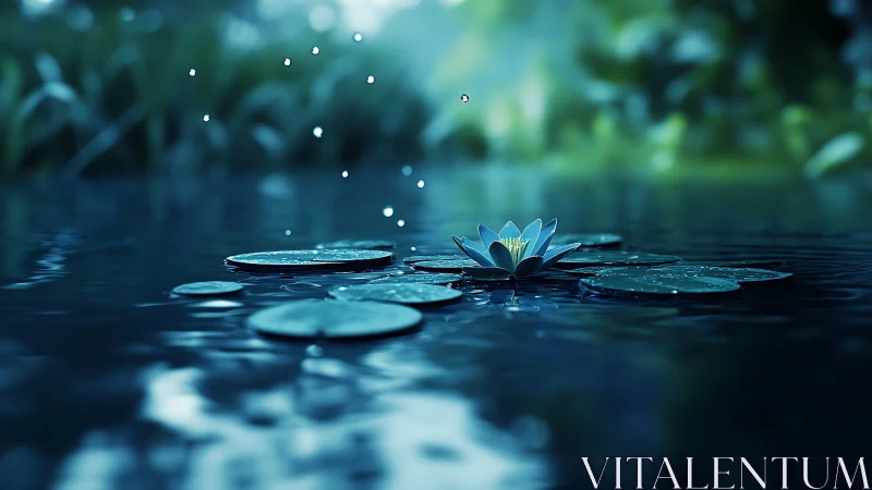 Luminous blue water lily glows calmly amid falling raindrops.