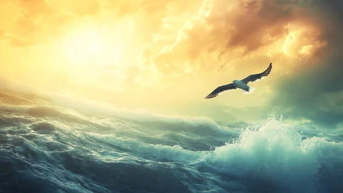 Seagull glides above storm-lit ocean under blazing sunrise.