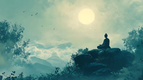 Quiet monk finds peace above dreamy cloudlit mountains