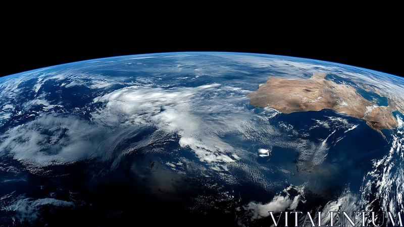 Curved Earth horizon and vast ocean viewed from deep space.