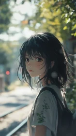 Soft summer light pauses on the girl by the quiet tracks