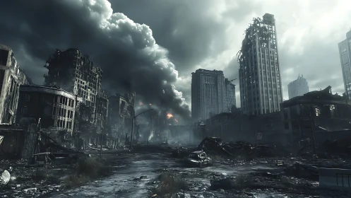 Postwar urban boulevard in ruins with collapsing high-rises