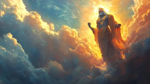Storm-crowned sky deity strides through blazing clouds.
