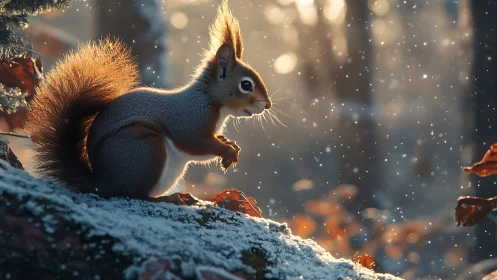 Red squirrel pauses on snowy log in soft winter light.
