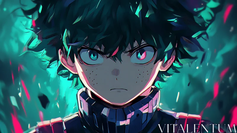 Intense anime portrait with neon rim lighting and dynamic bokeh field