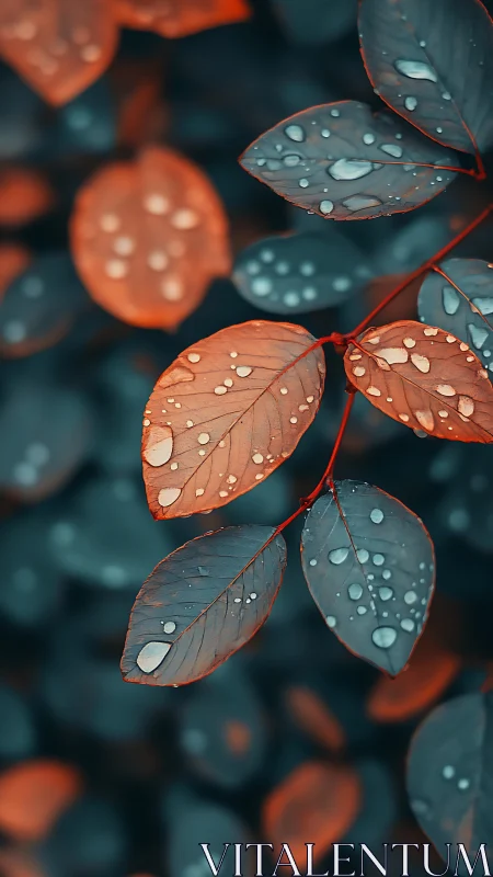 Raindrop constellations shimmer across teal and ember leaves