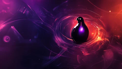 Cosmic neon penguin sculpture within swirling light vortex.