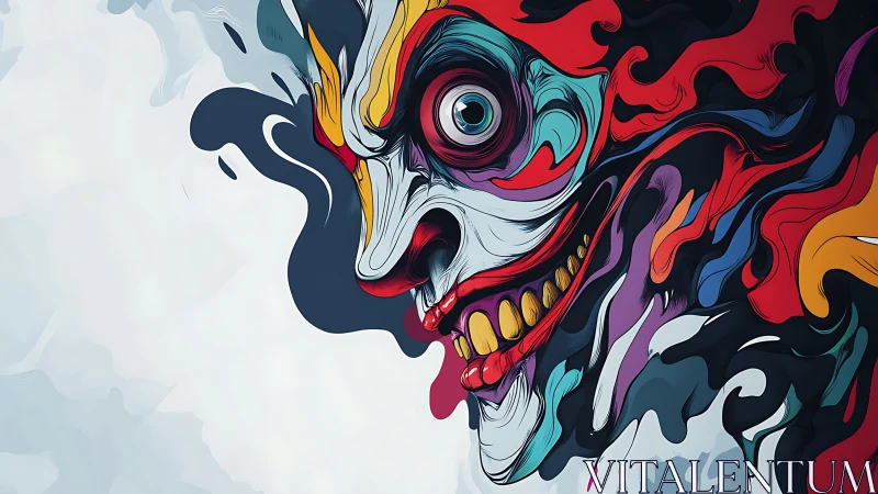 Vivid swirling clown face bursting with wild color and motion.