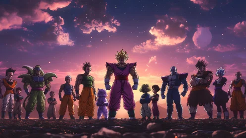 Animated warriors aligned under dusk sky in silhouette formation.