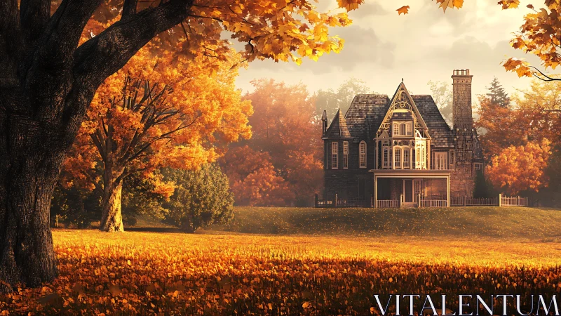 Victorian house in autumn landscape with trees and field.