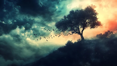Lone hillside tree with birds under contrasting sky light.