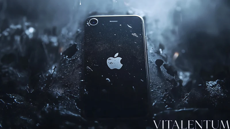 Black iPhone submerged in crystalline ice formations with ethereal light diffusion