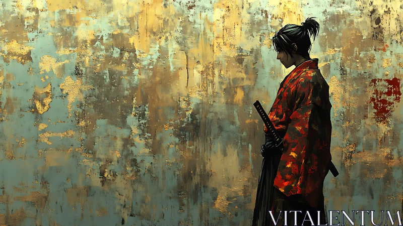 Solitary samurai leans into a storm of molten painted silence