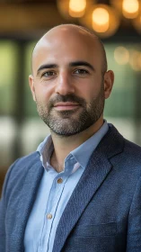 Bald man in blue blazer indoors with soft blurred lights background.