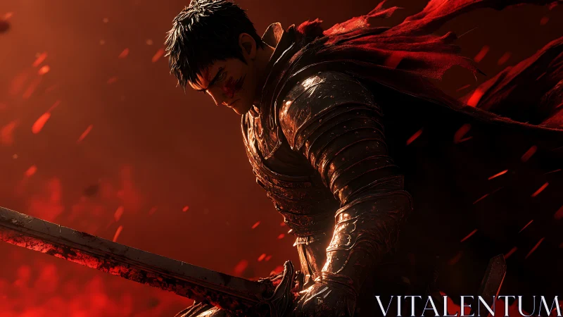 Armored swordsman in red-lit environment with falling embers.