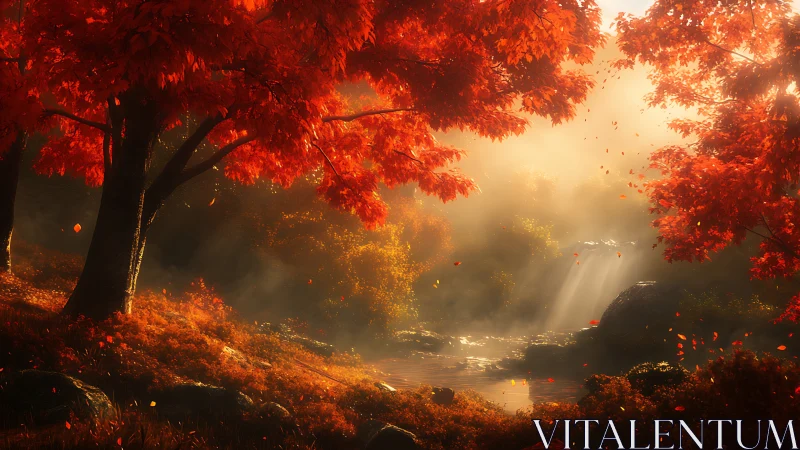 Autumn forest glows under golden mist and falling leaves.