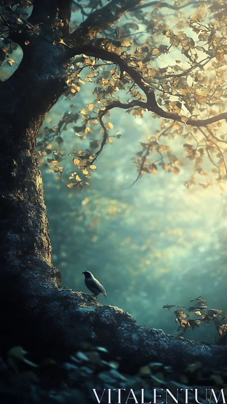 Solitary songbird rests beneath golden dawn canopy glow