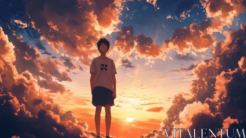 Silhouetted boy stands within radiant sunset cloud corridor