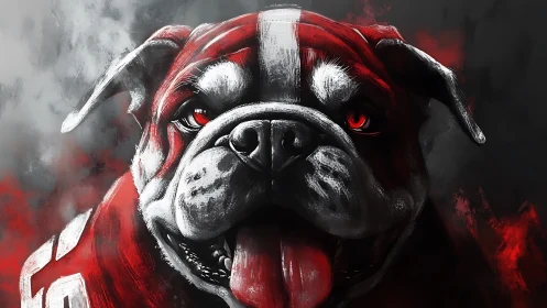 Fierce bulldog mascot in red jersey with intense gaze.
