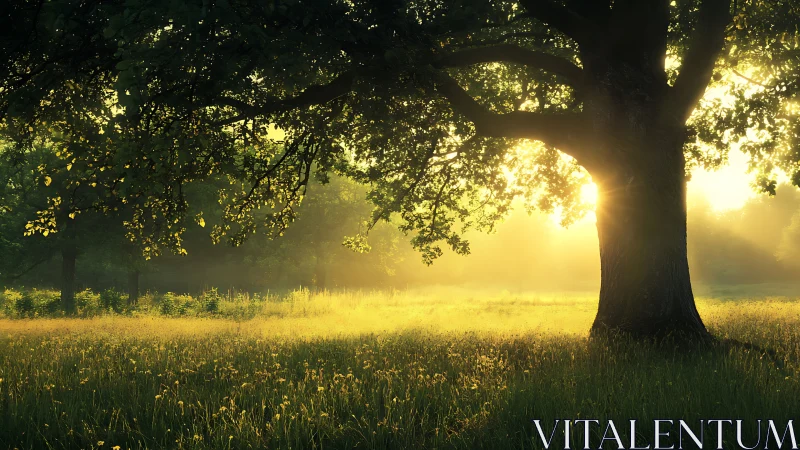 Oak tree catches golden sunrise across misty meadow.