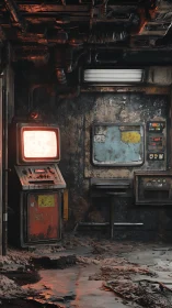 Decayed cyberpunk control room with glowing retro monitor.