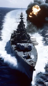 Battleship roars seaward as deck guns ignite the horizon.