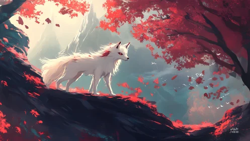 Spirit fox crossing crimson forest ridge at dawn.