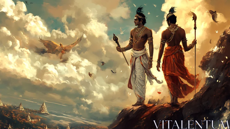 Epic warriors on cliff watch divine bird over vast realm.