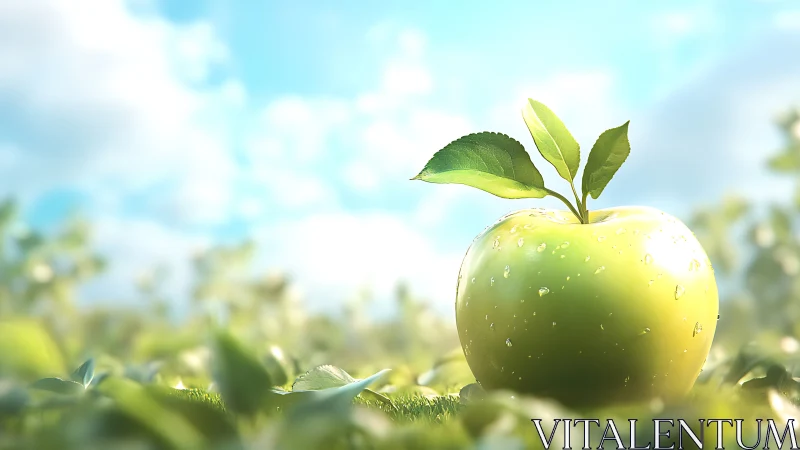 Macro render of dewy green apple with emergent leafy sprout.