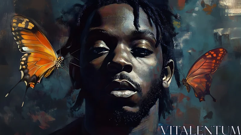 Moody portrait with monarch butterflies and textured light.