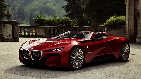 Sleek red roadster basking in peaceful countryside charm.