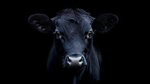 Low key frontal portrait of black calf with glossy wet muzzle