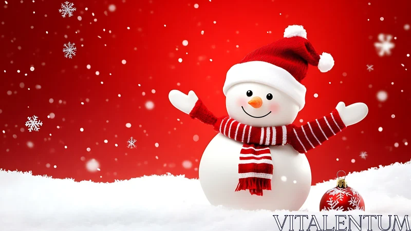 Cheerful snowman conductor in a red winter snowfall spotlight.