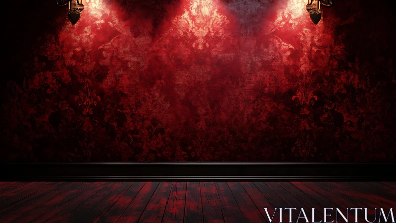 Dark red textured wall with wooden floor and warm lights.