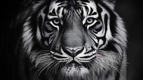 Tiger face close-up fills monochrome frame in sharp focus