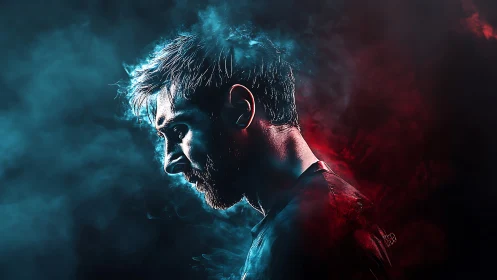 Neon smoke warrior in blue and crimson haloed solitude.