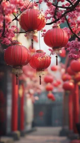 Red lanterns among cherry blossoms in narrow street scene.