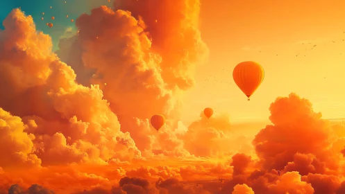Skyward ember balloons drift through molten sunset clouds.