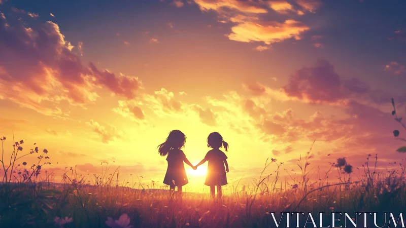 Two young friends holding hands beneath a glowing sunset sky.