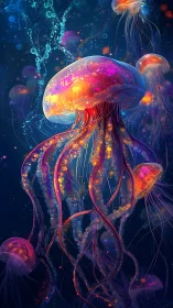 Luminous bioluminescent jellyfish swarm in neon deep sea.