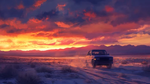 Off-road vehicle crossing snowy plain at sunset horizon.