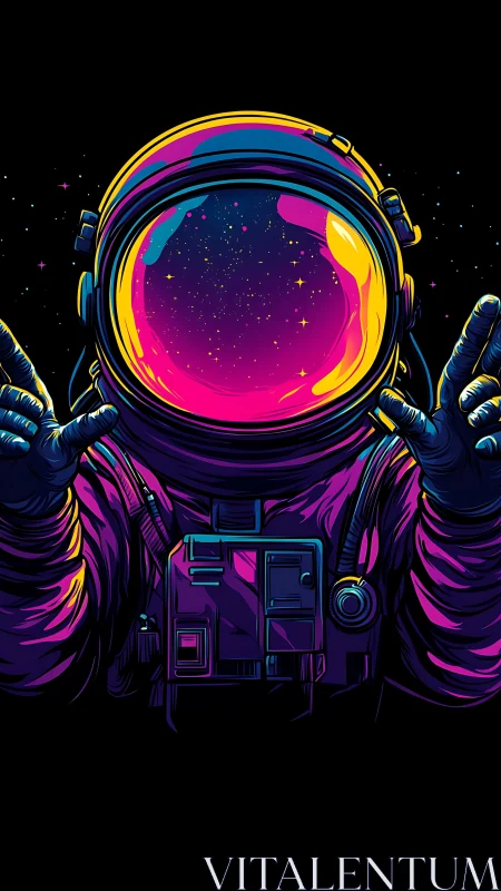 Astronaut illustration with neon space reflection on visor.