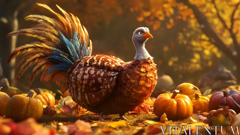 Turkey with pumpkins in autumn forest setting.
